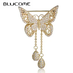 Blucome Cubic Zircon Double Butterfly Women Brooches Luxurious Tassel Pendant Animal Copper Brooch Wedding Party Decoration Pins