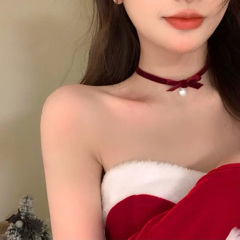 Red Velvet Choker Adjustable Christmas Bow Pearl Pendant Collar Necklace For Women Party Jewelry