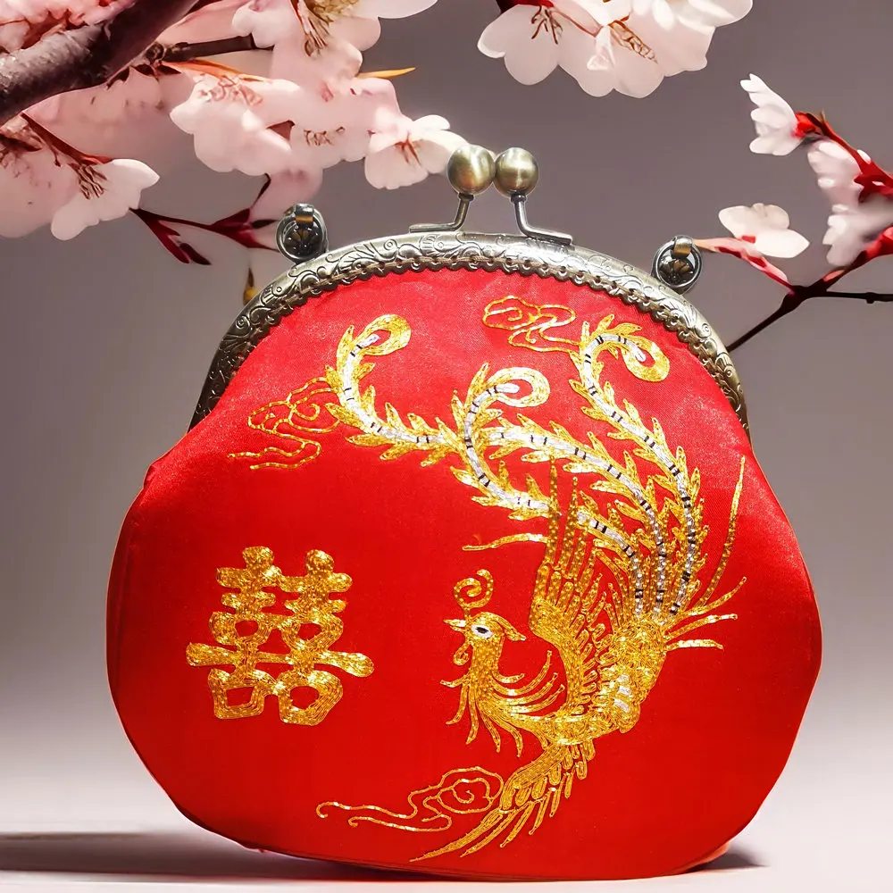 Old Money Lucky Red Kiss Lock Handbags Gold Thread Hand-Embroidered Xi & Phoenix Coin Purse For Wedding Honeymoon Accessories