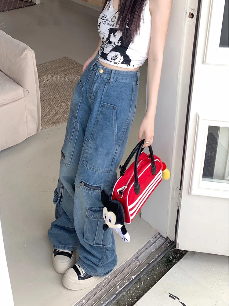 WCFCX STUDIO Multi-Pocket Blue Washed Cargo Jeans Y2k Retro Streetwear Fashion High Waist Jeans Harajuku Casual Wide Leg Pants