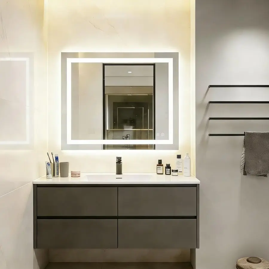 

Зеркало для ванной с подсветкой спереди и сзади, прямоугольное настенное зеркало для туалетного столика 30x36 дюймов, с функцией антизапотевания, 3 цвета света, регулируемая яркость, M