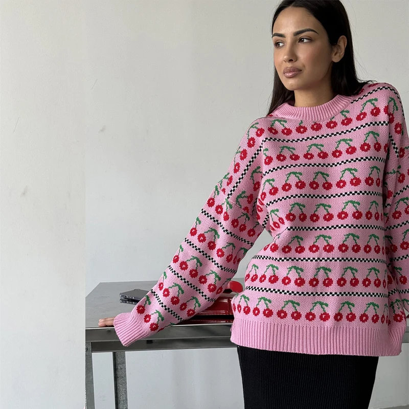 MSCSZ Cherry Printed Oversize Sweter Kobieta O-Neck Długi rękaw Przytulny Sweter Jesień Zima Świąteczny Sweter Kobieta