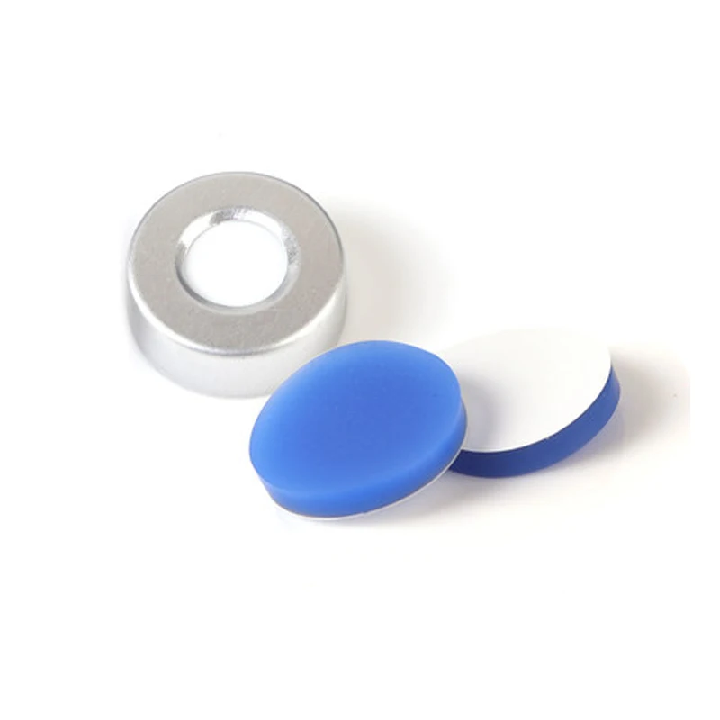 100 sztuk/partia 20mm * 3mm aluminiowa czapka z białym PTFE/niebieski silikonowy septa dla 10ml / 20ml próbki butelki szczęki chromatografia fiolka