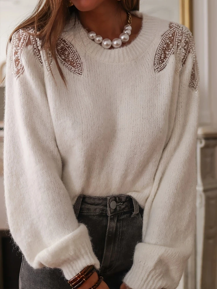 

Модные однотонные свободные джемперы с длинным рукавом, осень-зима, повседневный свитер с круглым вырезом, топы, женские элегантные вязаные сетчатые топы с жемчугом и бриллиантами