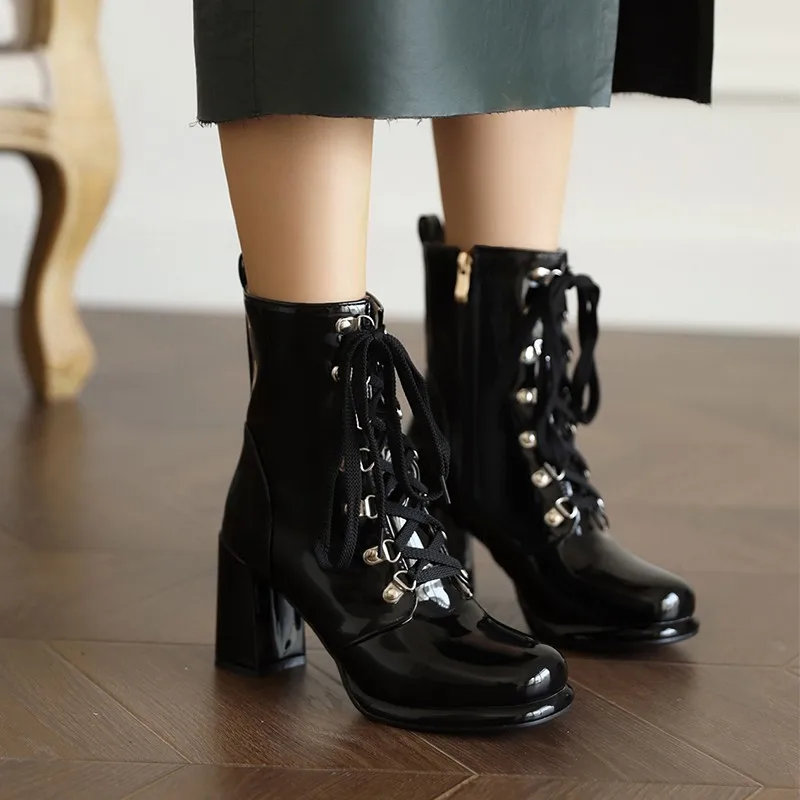 Patent Leather White Yellow Nude Ankle Boots Lace Up Ladies Platform Booties High Heels Fashion Nightclub Patry Shoes Wholesale