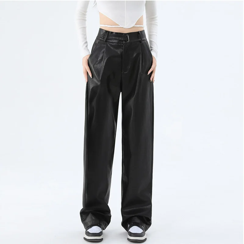 

Women PU Leather Black PVC Wide Leg Pants Slim Casual Latex Stretchy High Waist Suit Straight Leg Pants Loose Trousers Winter