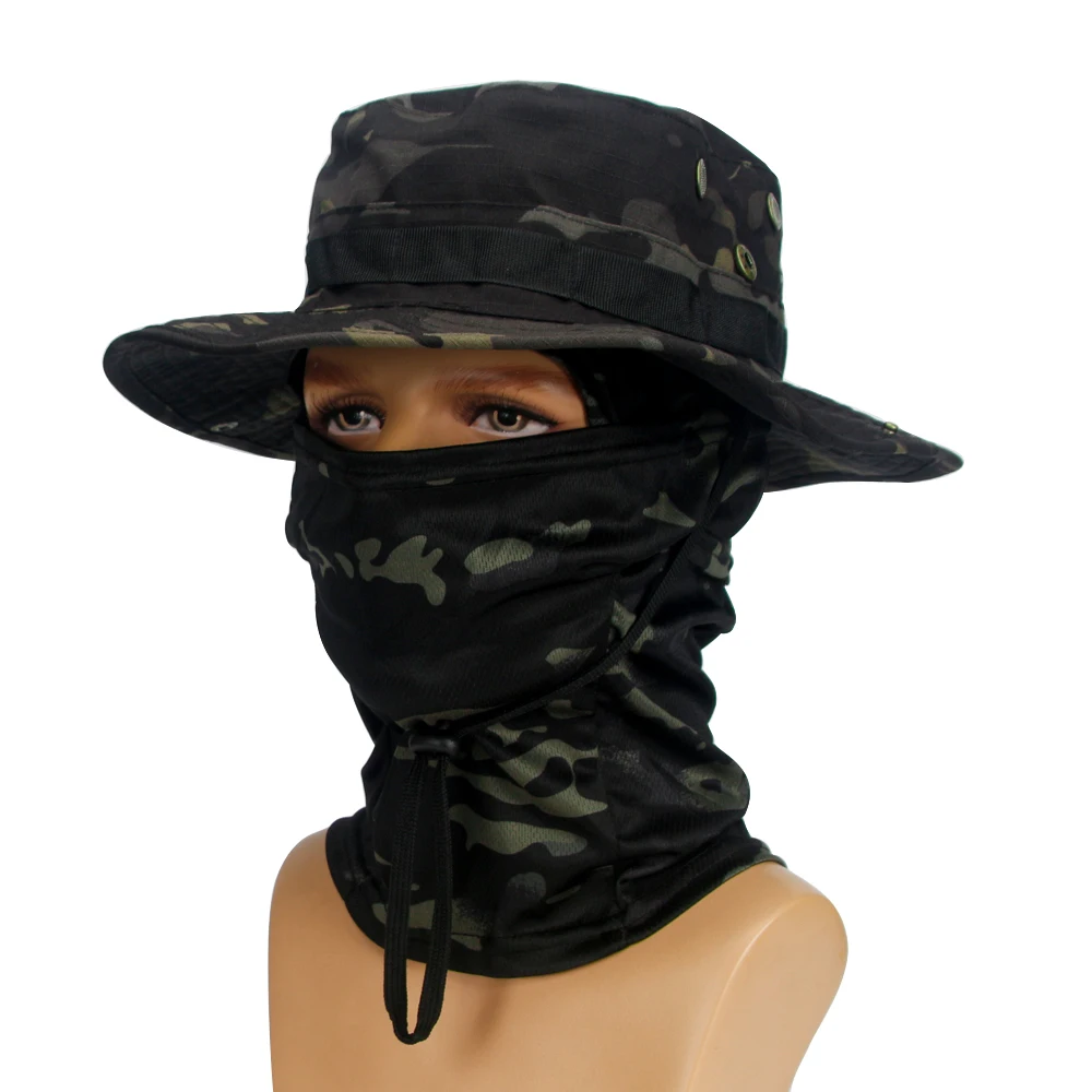 Tarnmütze mit Maske für Herren, Fischerhut mit breiter Krempe, faltbar, UV-Schutz für Camping