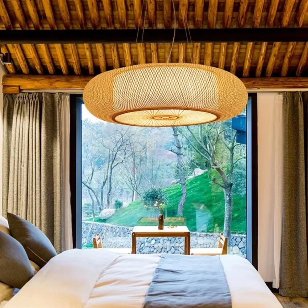 JOYINLED Retro Rattan Bamboo Natural Suspension Pendant Lamp Handmade for Loft, Bedside, Bay Window, Studio, Playroom, Showroom