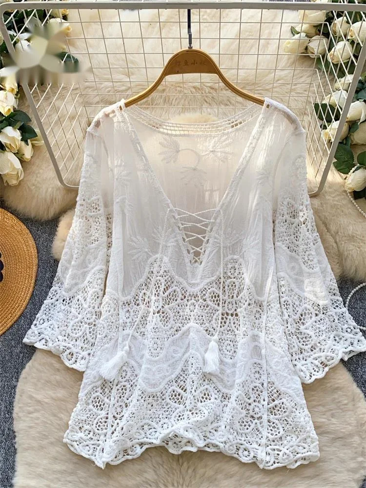 

Embroidery Crochet Hook Top Summer Deep V Neck Lace Up Loose Thin Shirt Hook Flower Hollow Boho Vacation Tassel Blouse