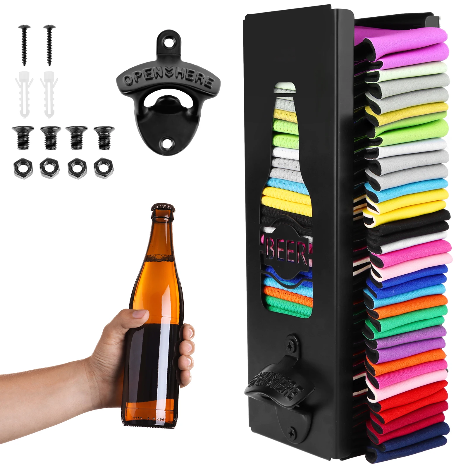 2 In 1 Metal Can Cooler Holder With Bottle Opener Wall Mounted Beer Can Sleeves Organizer And Dispenser For Family Bar Gift For