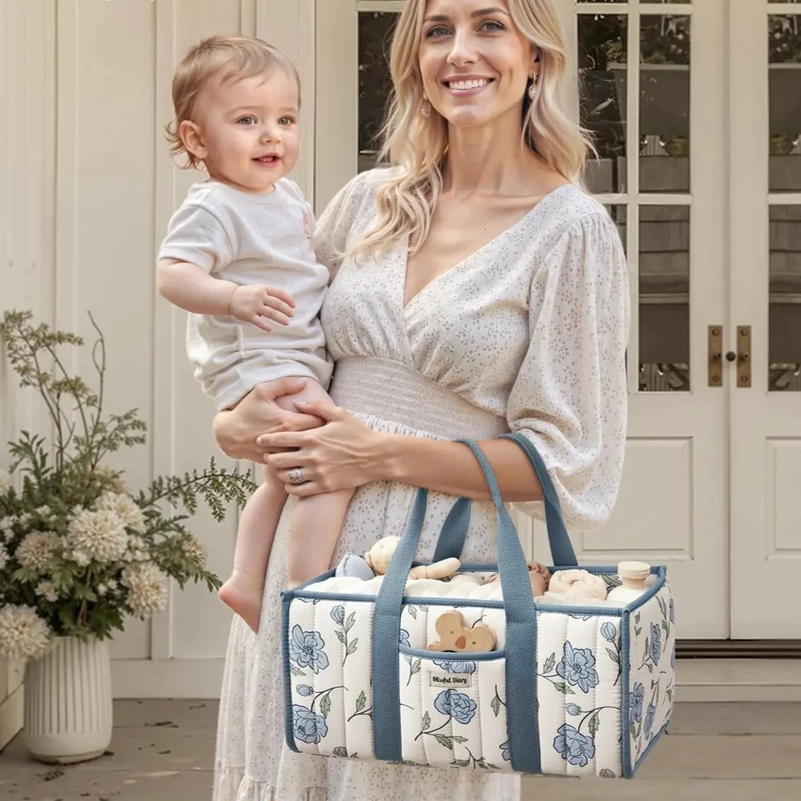 Large Capacity Diaper Organizer Portable Floral Nursery Storage Basket Newborn Essentials Diaper Storage Bag Outdoor Travel Gift