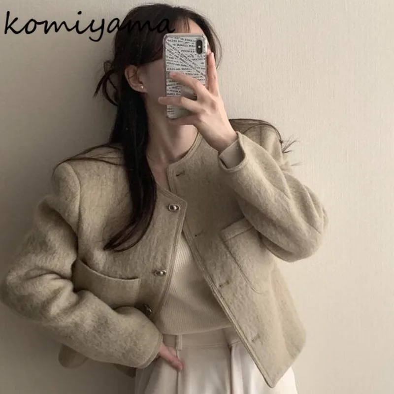 

Женская однобортная куртка с двумя карманами, Корейская куртка с круглым вырезом, Осень-зима 2024