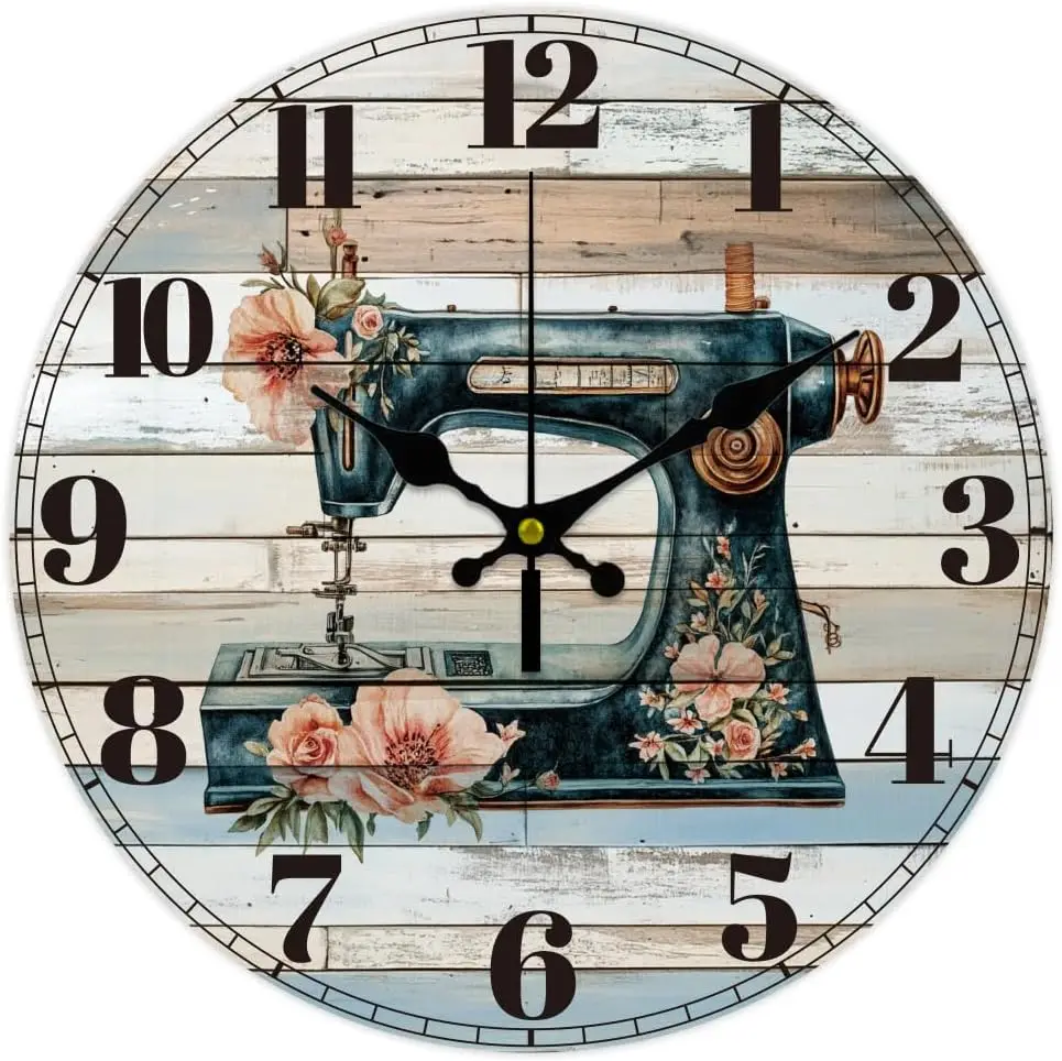 Sewing Machine Wall Clock Retro Style Battery Operated Silent Non Ticking Flowers Round Decorative Clock for Office Home