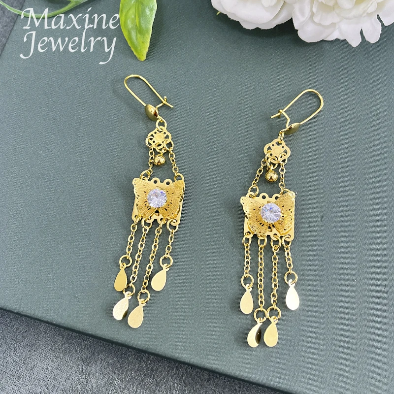 Daily Wear 18K Gold Plated Jewelry Set Earrings Tassel Butterfly Necklace for Women Anniversary Party Dubai Bridal Wedding Gifts