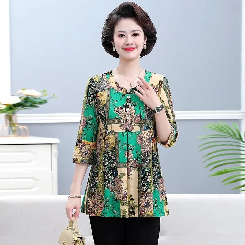 Vintage Printed Casual 3/4 Sleeve Blouse Spring Summer Round Neck Button Female Clothing Stylish Loose Midi Shirt Commute