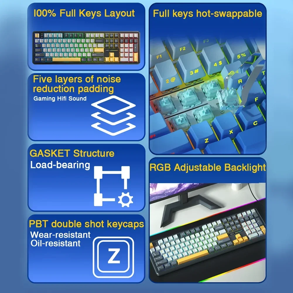 AULA F108 Keyboard 100% Layout 1K Polling Rate Mechanical Gaming Keyboard Hot Swappable Linear Switch with Macro Software image 5