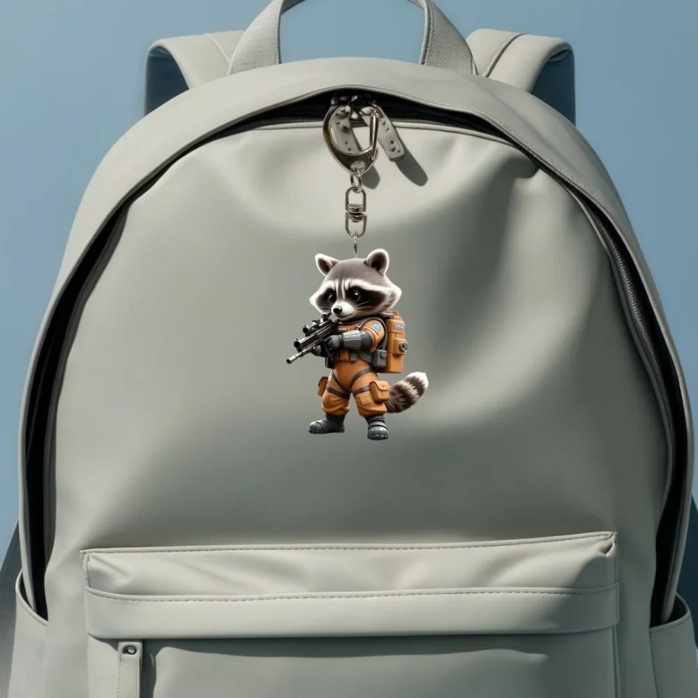 2D Cute Raccoon Soldier Keychain Cartoon Animal Themed Pendant Flat Acrylic Hanging Charm for Backpacks Bags Festive Gifts Decor