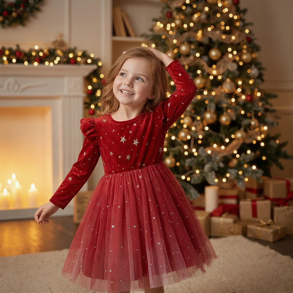 

4-7Y Kids Girls Christmas Dress, Star Gradient Mesh & Velvet Puff Party Dress, Red Long-Sleeve Winter Holiday Festive Dresses