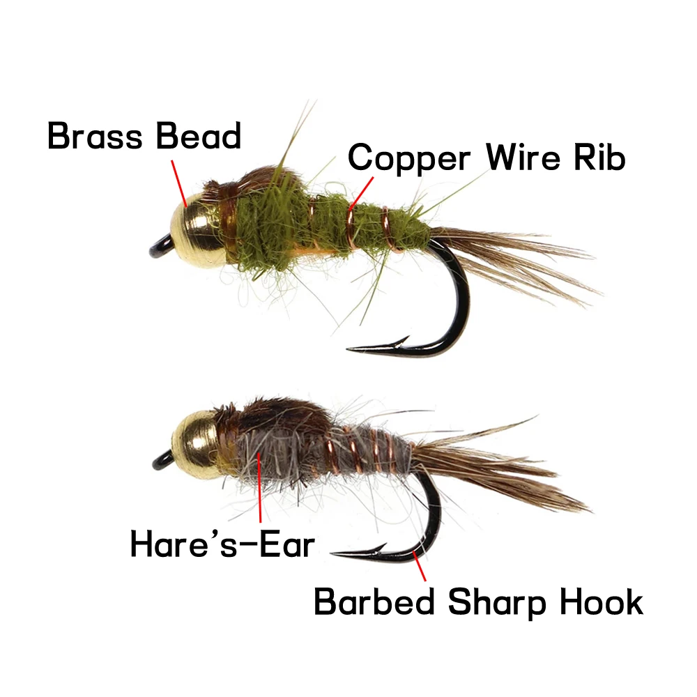 ICERIO 6PCS #14 Olive Grey Brass Bead Hare\'s Ear Nymph Trout Fishing Wet Fly Artifical Lure Bait