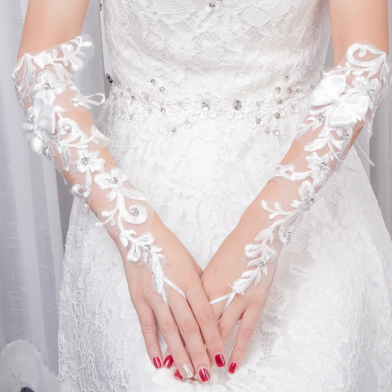 Elegant Wedding Gloves Long Satin Bridal Gloves with Lace and Rhinestone for Bride Photography