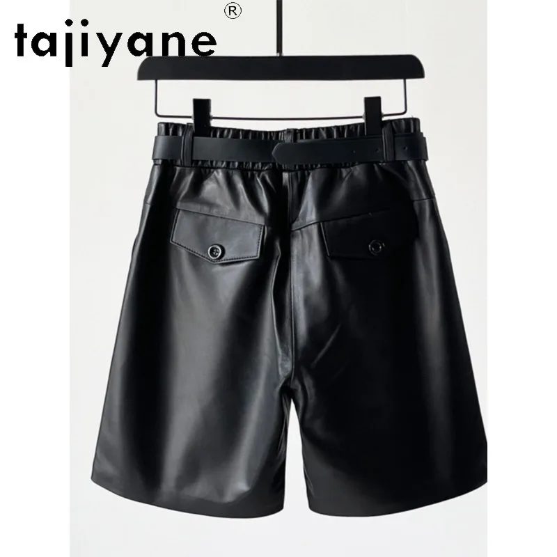 TAJIYANE Real Leather Shorts Women's Shorts Belt Casual Shorts for Woman Clothing Wide-leg Short Pants Middle Pants Chic Шорты