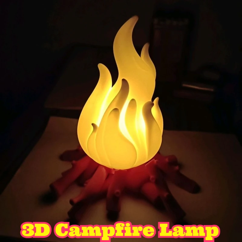 Creative 3D Printed Simulated Flame Night Light Bonfire Lamp Imitation Solid Wood Base Atmosphere Creating Tabletop Decorative
