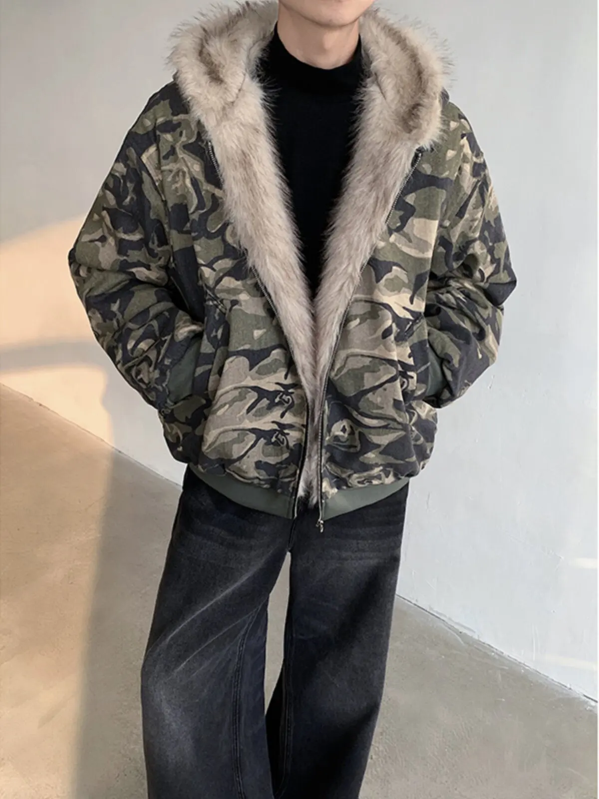 Winter Camouflage Fleece Hoodie American Retro Casual Fashion Loose Men's Fake Fur Overcoat Street Style Warm Thicken Hoodie
