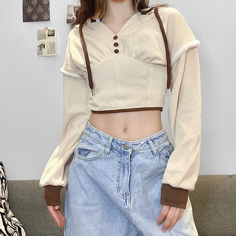Pullover Pure Color Knitted Hoodie Patchwork Button Long Sleeve Waist Short Hoodie Women's All-match Pullover Warm Clothes