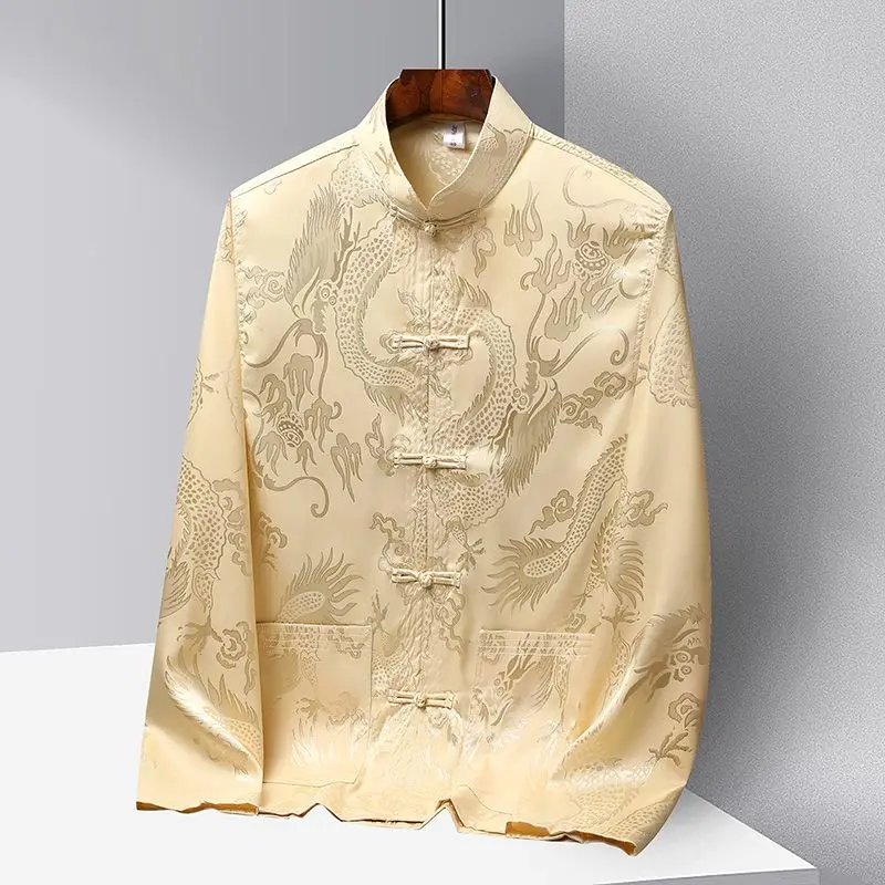 

Men's Burgundy Satin Tang Suit Long Sleeve Manin Collar Dragon Jacquard Chinese Style Top