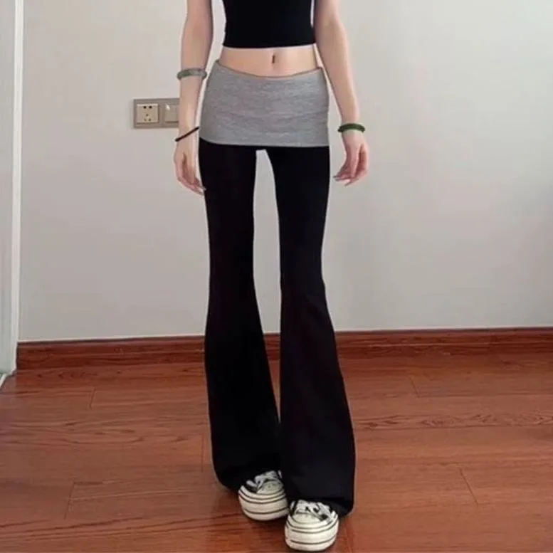 Contrast Patchwork Flare Pants Casual Grey High Waist Slim-fitting Boot Cut Leggings Streetwear y2k Women Sweatpants Chic