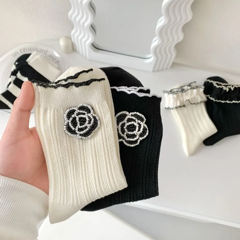 Soft Warm Ruffle Cute Frilly Sweet Trendy Korean Style Socks Middle Tube Women Camellia Socks Cotton Hosiery