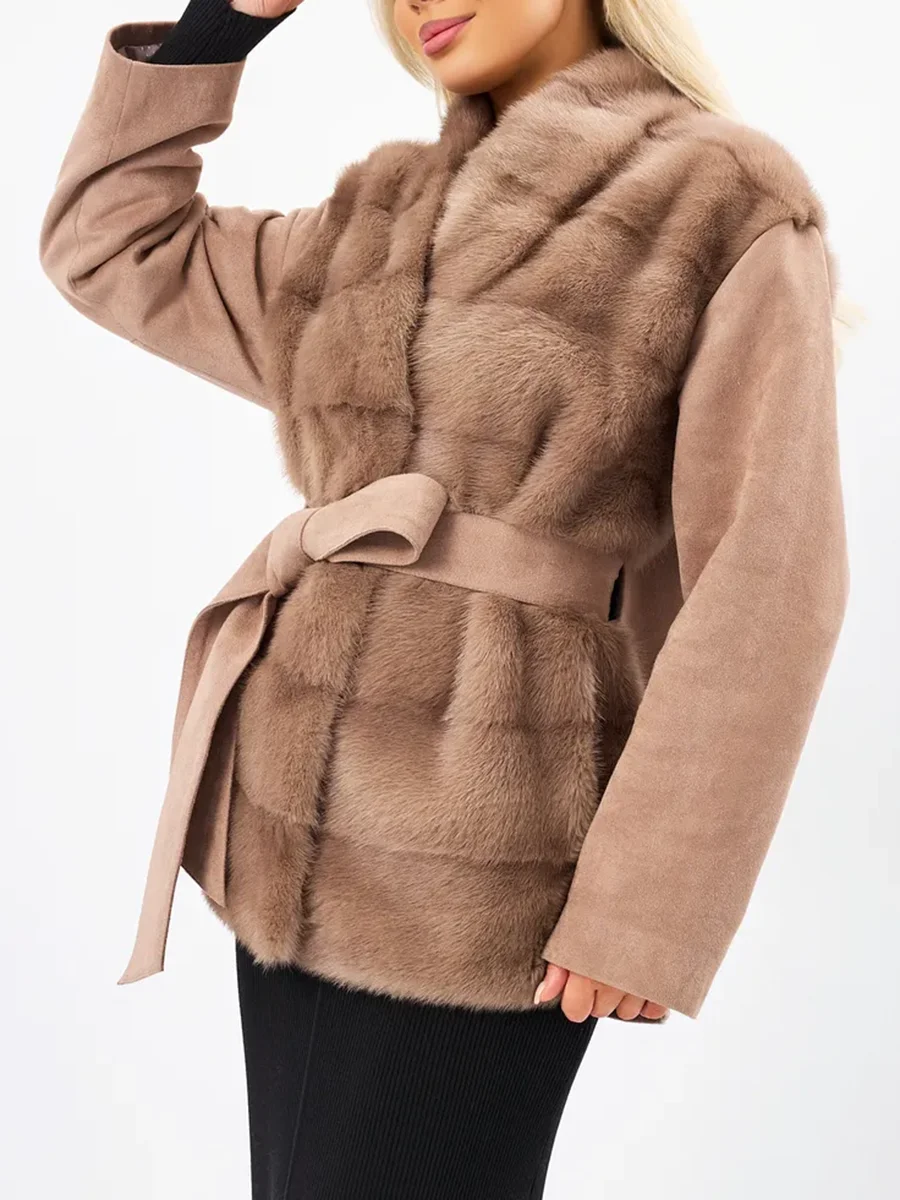 LIMO Women Faux Fur Patchwork Coat Belted Waist Long Sleeve Faux Suede Jacket Autumn Winter Outerwear