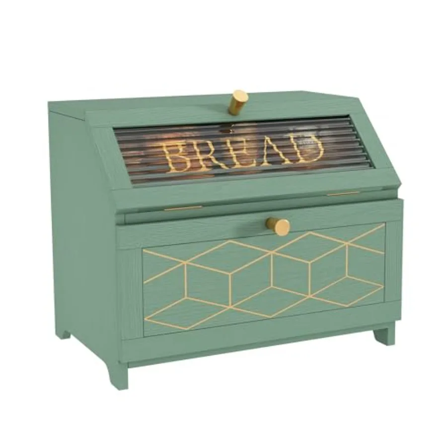 

Double Layer Bread Box With Golden Trim for Countertop Wooden Bread Container for Kitchen Counter Corner Bread Storage Green
