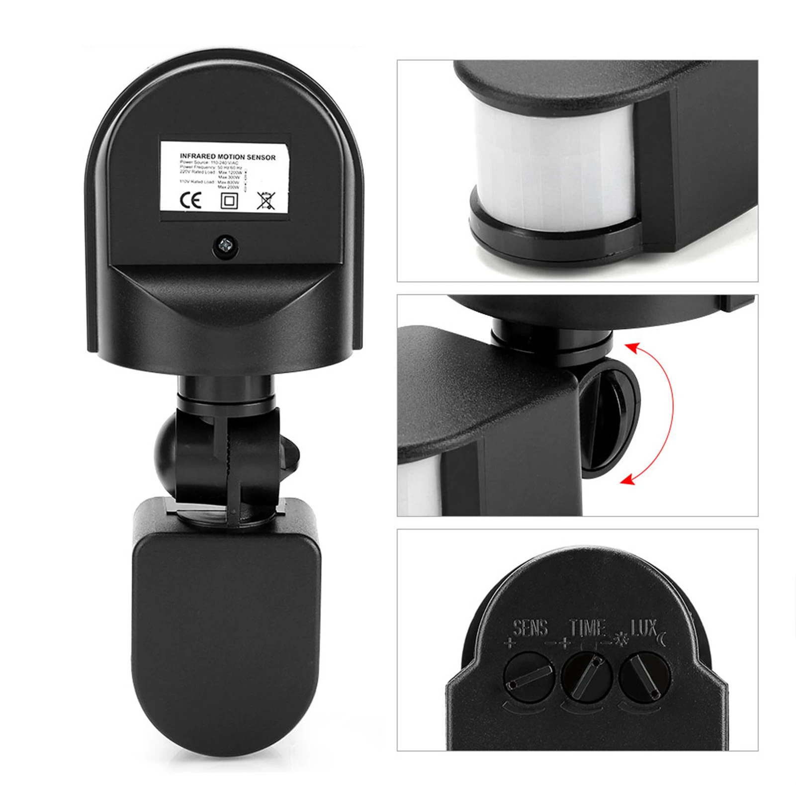 -240V Adjustable PIR Body Motion Infrared Sensor Detector Light Bulb Switch (Black)