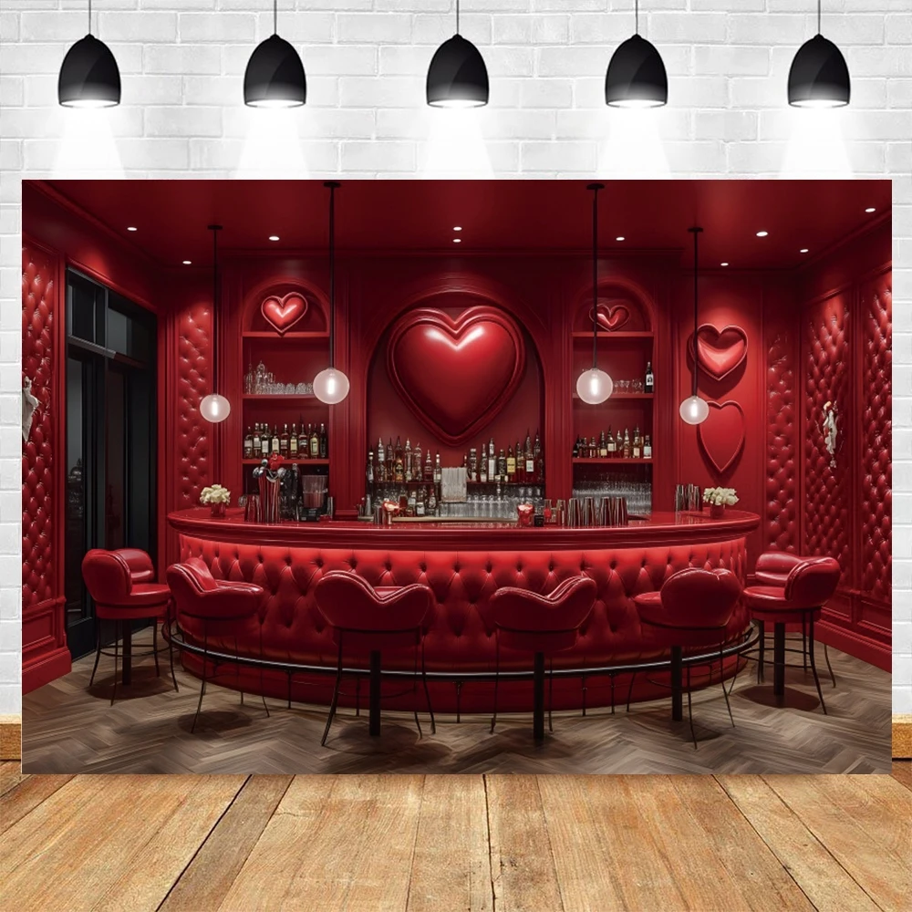 Valentine's Day Photography Backdrop Sweetheart Soda Shop Bar Wine Cabinet Counter Red Lover Heart Couple Photocall Background