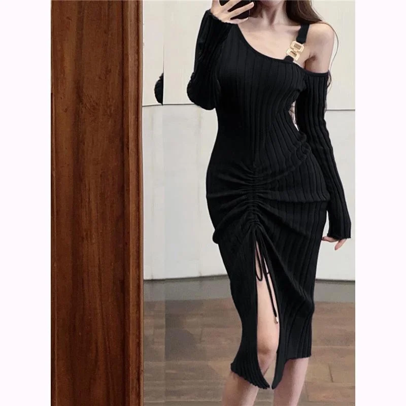 

Sexy plus Size Long Sve oulder Bared Pleated Split Wrap around Skirt Dr for plus Size Women Trendy Autumn Winter Dr