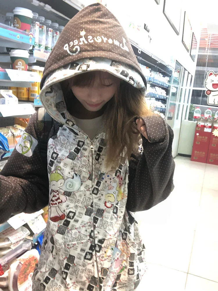 

Женская утепленная флисовая куртка на молнии с принтом в стиле американской ретро-субкультуры, с цветными блоками и горошком, с двойным капюшоном, осенне-зимняя