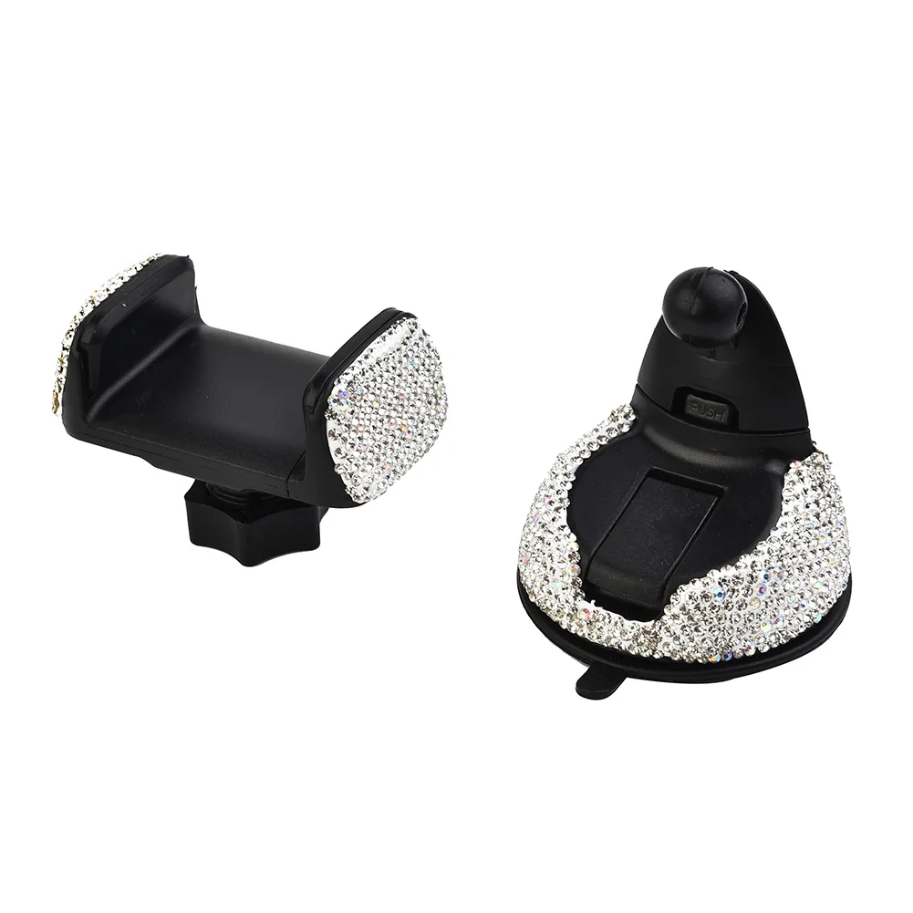 Sleek Rhinestone Car Phone Holder Stand Designed for Dashboard Use Easily Secures Phones via Suction Cup or Air Vent Attachment