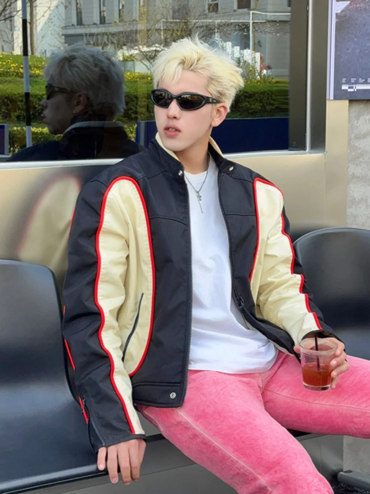 

Early Spring ort Jaet Men's oulder Padded Patchwork Color Blo Motorcycle Sle Cleanfit Pilot Jaet Trendy Youth Fas...