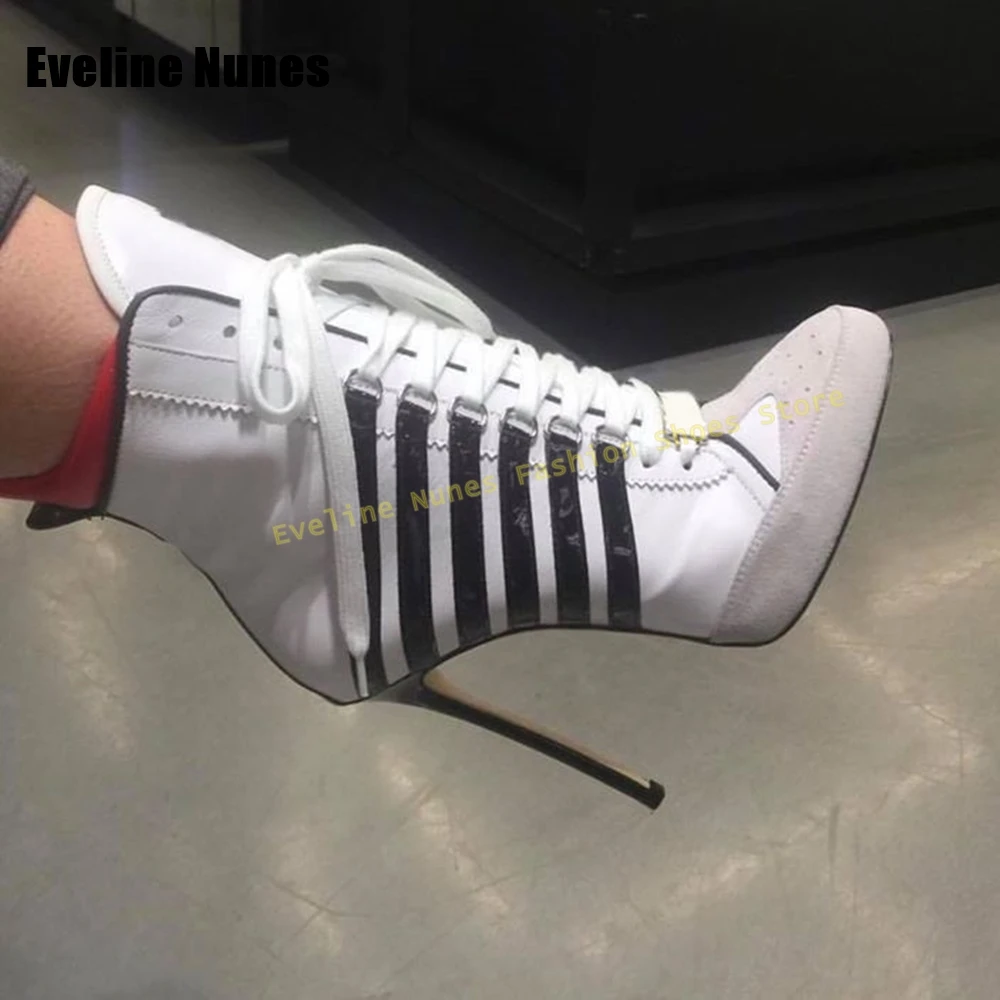 

Lace-Up Sport Patchwork Ankle Boots with Black Stripe Pointed Toe Stiletto Large Size Mixed Colors Women Mid Calf Boots Autumn