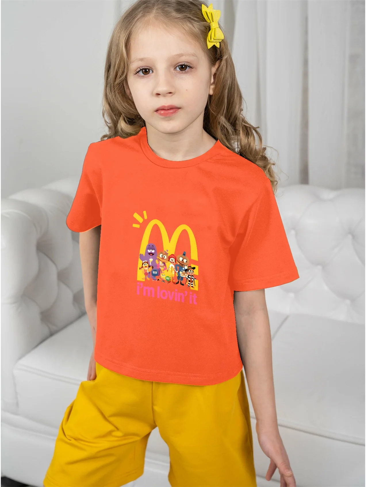 5 To14 Years Girl Clothes M-McDonald Print Orange T-shirt Children\'s Clothing Kids Summer Short Sleeve Child Top T-shirts Girls