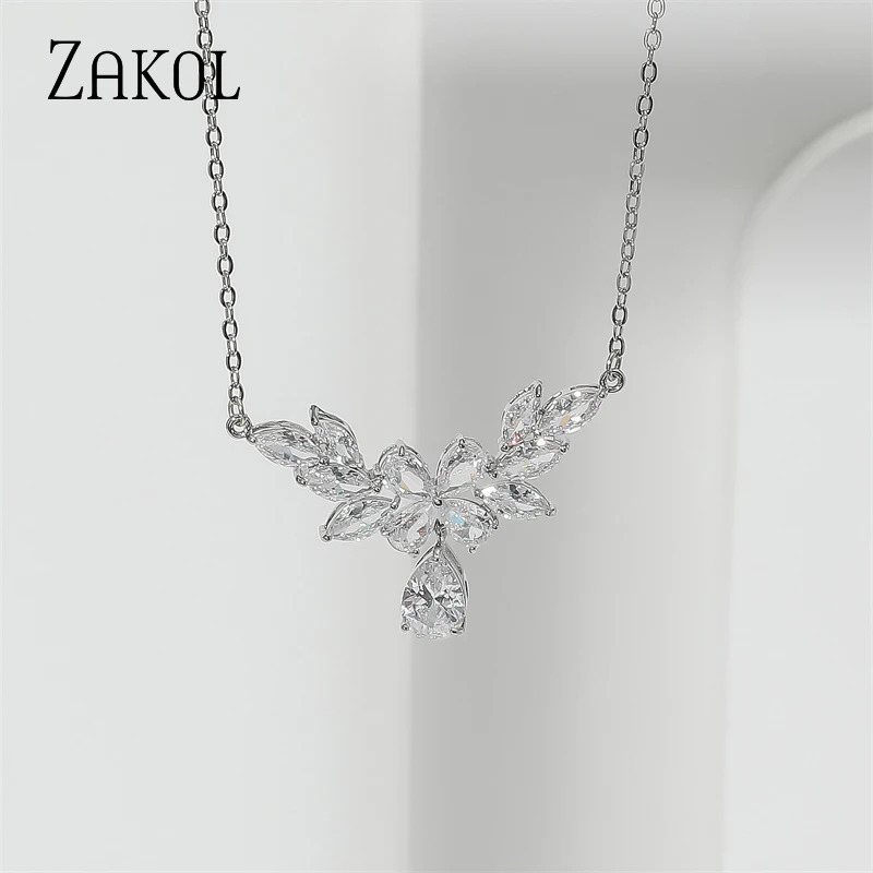 ZAKOL Luxury Clear AAA Cubic Zirconia Water Drop Pendant Necklaces White Gold Color Bridal Wedding Jewelry New Arrival NP5160