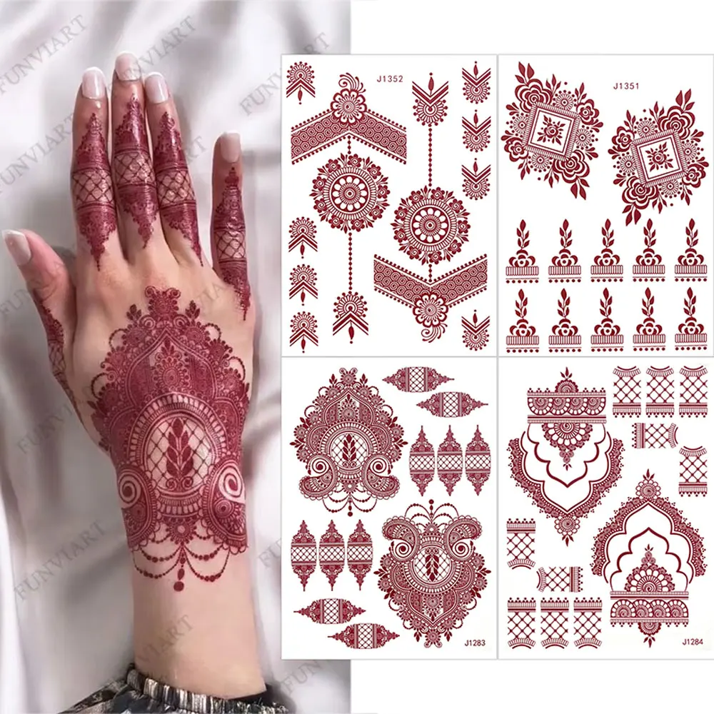 Maroon Henna Tattoo Stickers for Hand Brown Henna Instant Tattoo for Women Body Art Waterproof Temporary Tattoo