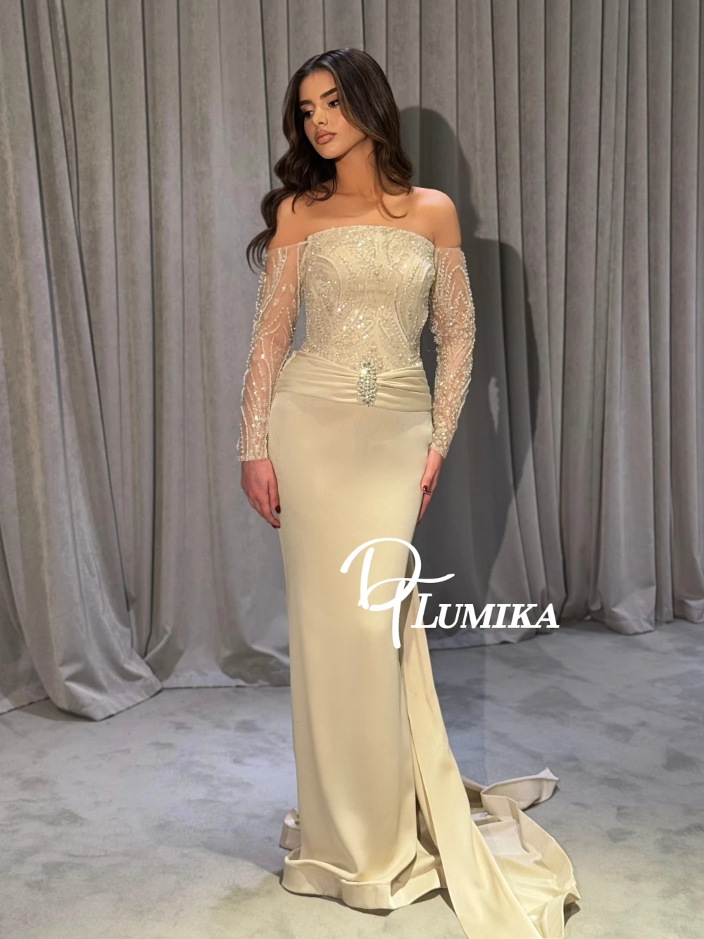 Elegant Off Shoulder Mermaid Evening Dress Sheer Long Sleeve Beaded Sequin Rhinestone Waist Formal Prom Gala Birthday Gown