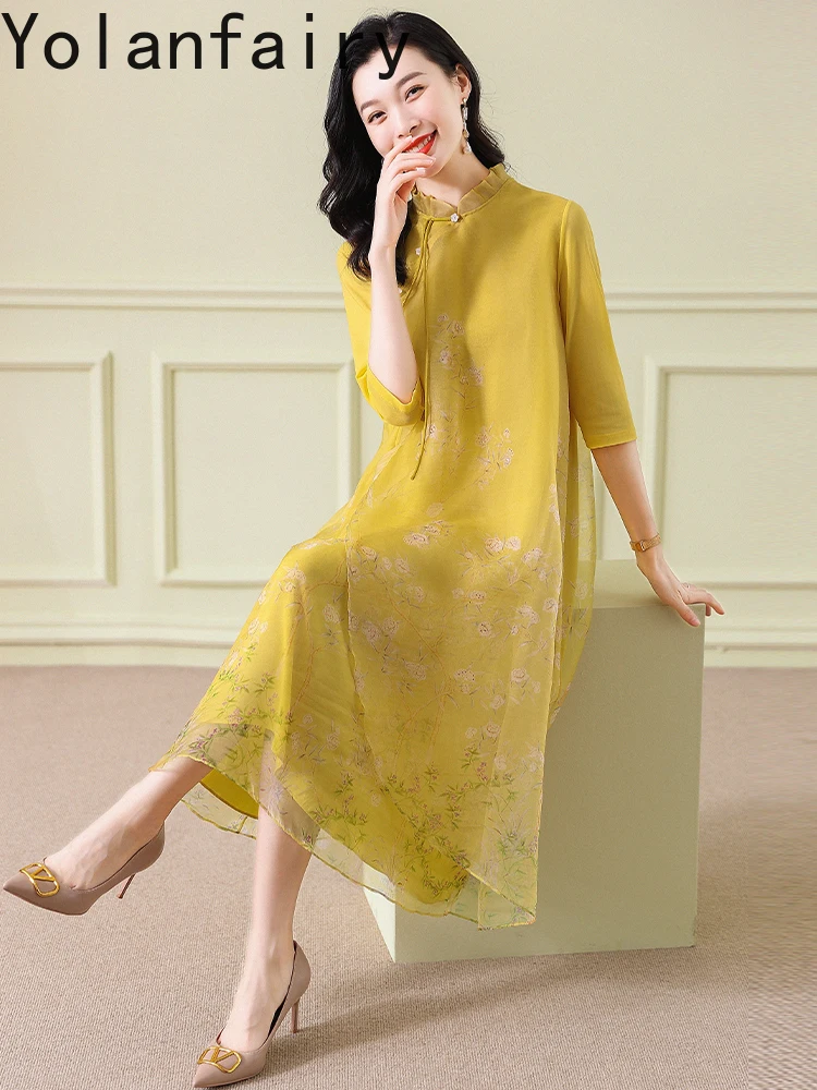YOLANFAIRY 100% Real Mulberry Silk Dress Women Neo Chinese Style Cheongsam Elegant Women's Dresses Stand Collar Yellow Dress