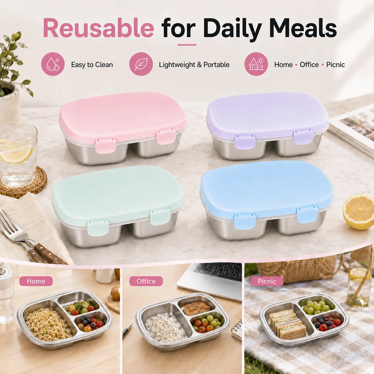 3Compartment Stainless Steel Bento Box Portable Reusable Lunch Box Leakproof Snap Lock Lid Easy Clean Lunch Container For Kids Adult School Office Picnic Travel