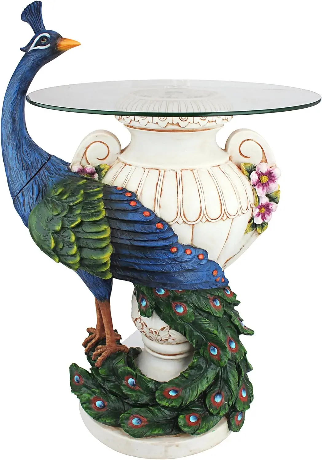 

KY4128 Staverden Castle Peacock Glass Topped Side Table, 17 Inches Wide, 25 Inches Tall, Handcast Polyresin, Full Color Finish