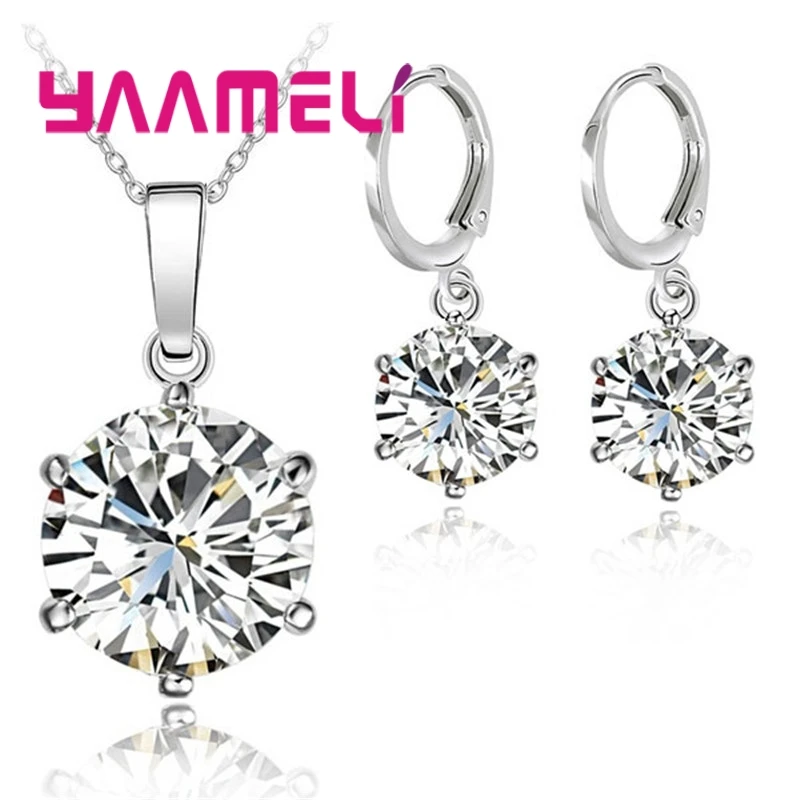 925 Sterling Silver Jewelry Sets Cubic Zircon Crystal Lever Back Earrings Pendant Necklace Nice Gifts For Women Ladies