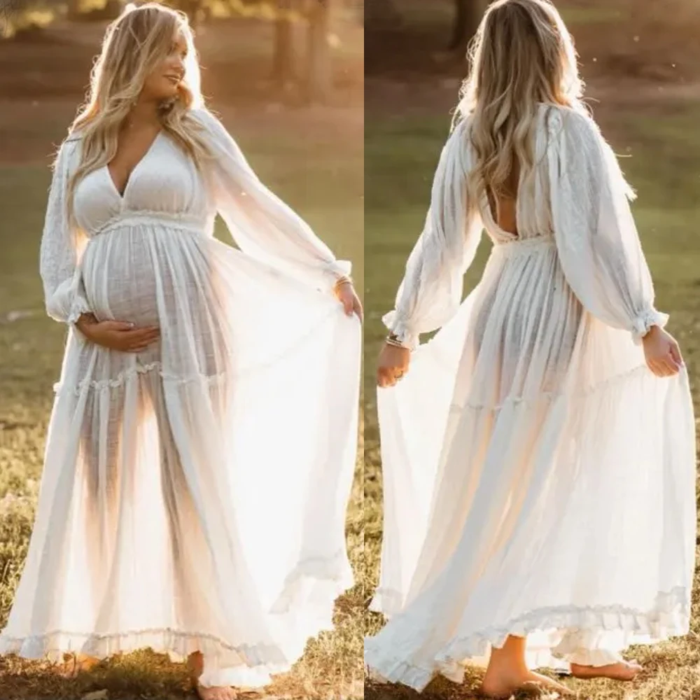 Linen Cotton Elegant V-neck Boho Pregnant Dress Maternity Dresses For Baby Showers Photoshoot Photography Dress For Women