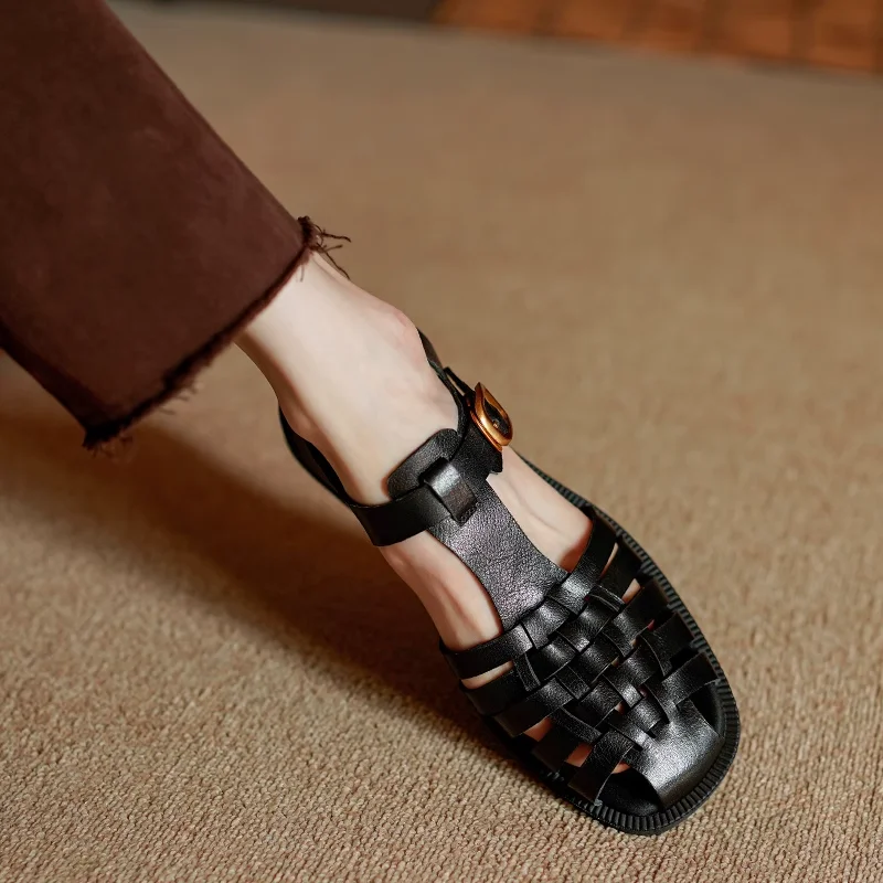 Summer Sandal Retro Ladies Cowhide Women SandalsSpring Shoes Vintage Gladiator Buckle Strap Roman Style Closed Toe Shoes Woman